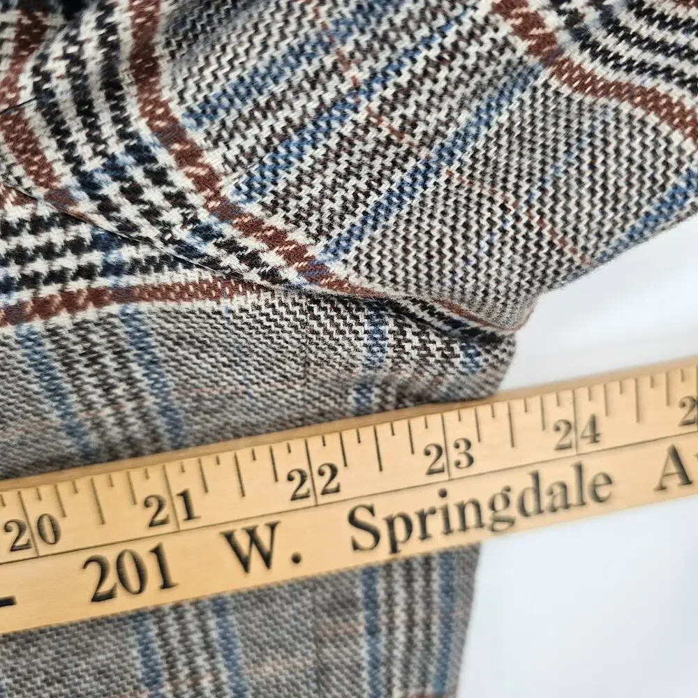 Crown & Ivy Brown Blue Plaid Cotton Two Button Elbow Patch Blazer Jacket Men 46R